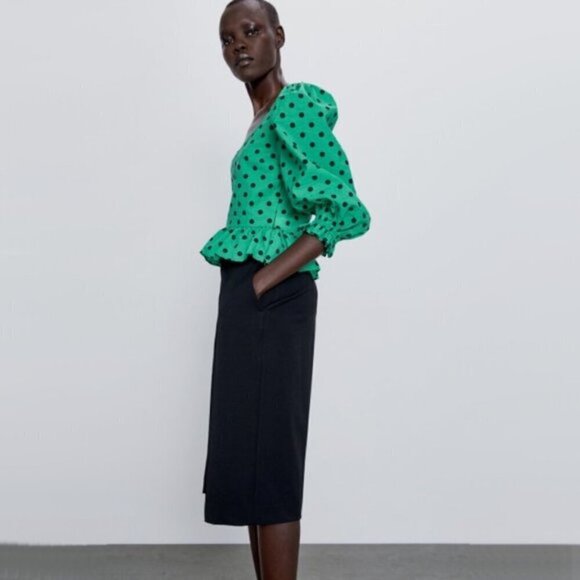 NWT Zara green & black polka dot print blouse top, XS - Picture 4 of 9
